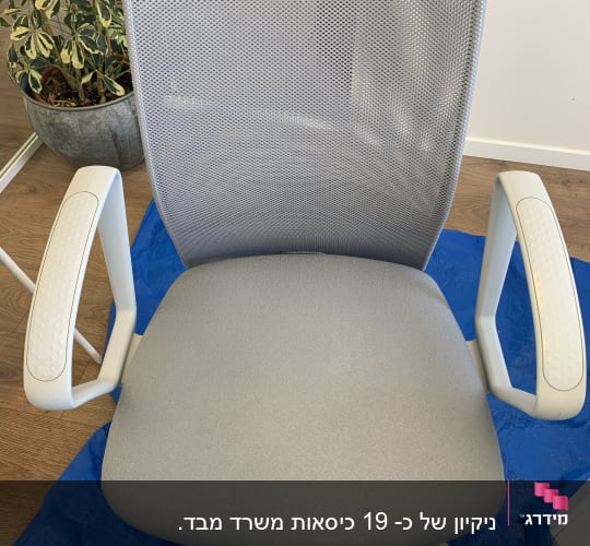 כיסא משרדי אפור על יריעת פלסטיק כחולה